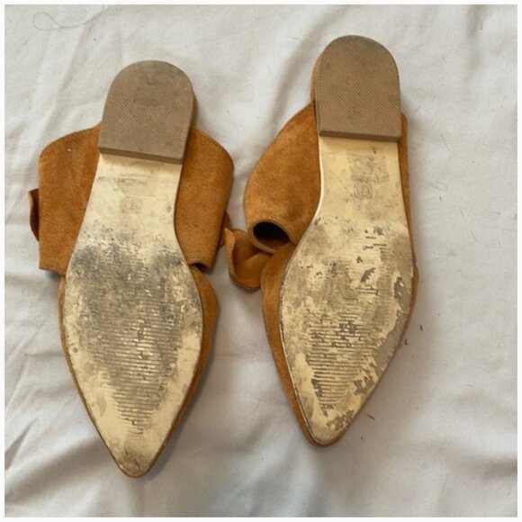 Tan Suede Bow Detail Mules Sandals Tan Brown 7 - Picture 2 of 3